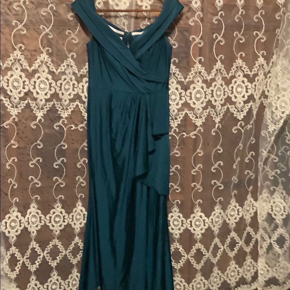 Oleg Cassini Blue Ruched Off-the-Shoulder Maxi Gown